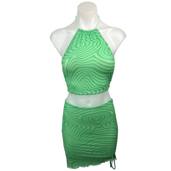 Tiger Mist Green Swirl Print Halter Crop Tank Top & Pencil Mini Skirt Set XXS/XS - Picture 1 of 6